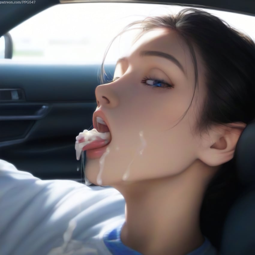 after_blowjob after_fellatio after_oral ai_generated black_hair blue_eyes car_interior clothed clothed_female clothing cum cum_drip cum_dripping cum_on_clothes cum_on_face cum_on_tongue cumdrip female female_only in_car looking_at_viewer nai_diffusion open_mouth original original_character patreon_username pujopg sidelocks teenage_girl teenager tongue tongue_out young young_female