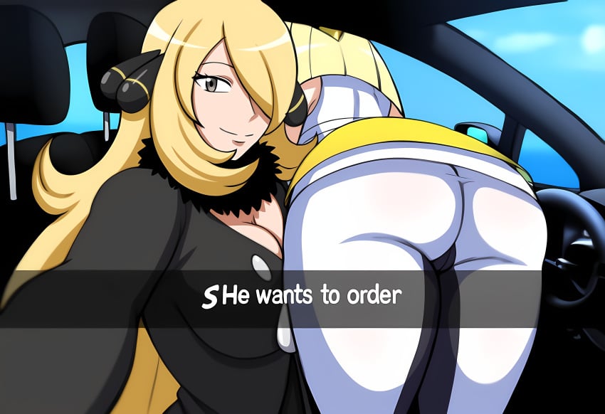 2girls ai_generated ass ass_focus big_ass big_breasts blonde blonde_female blonde_hair breasts bubble_butt car car_interior cleavage cynthia_(pokemon) duo duo_female female he_wants_to_order looking_at_viewer lusamine_(pokemon) meme mullon overalls pokemon smile