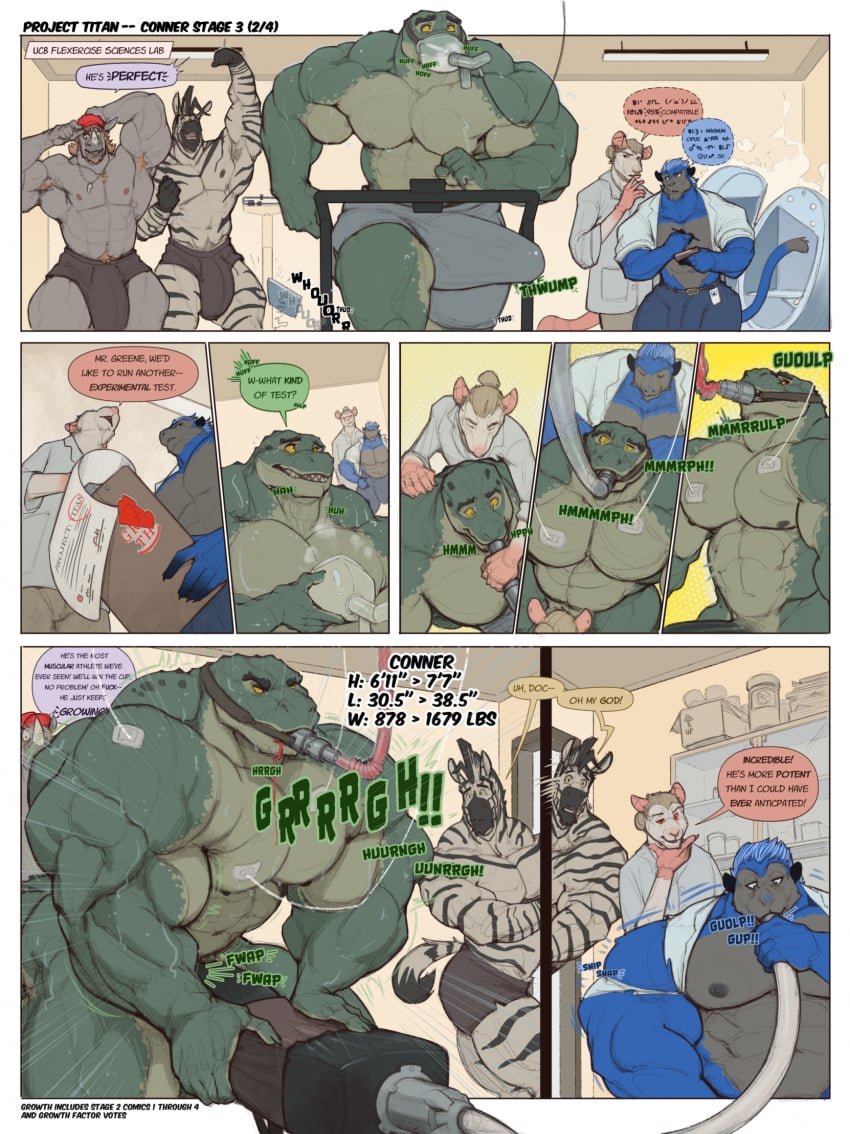 2024 abs anthro ape big_muscles big_pecs big_penis blue_body bodily_fluids bottomwear clipboard clothed clothing coat comic conner_(oldshep) crocodile crocodilian cum cum_in_mouth cum_inside curtis_(oldshep) detailed_background dialogue drinking drinking_cum ejaculation english_text equid equine erection exercise feeding_tube genital_fluids genitals green_body group growth haplorhine hat headgear headwear hi_res hose huge_cock huge_muscles hyper hyper_genitalia hyper_muscles hyper_penis lab_coat male male/male mammal mask medical_instrument murid murine muscle_growth muscular muscular_anthro muscular_male nipples nude oldshep open_clothing open_shirt open_topwear oxygen_mask pants pecs penis primate profanity rat reptile rhinoceros rodent running scalie scientific_instrument shirt shorts sound_effects speech_bubble striped_body stripes text topwear torn_clothing treadmill underwear yellow_eyes zebra