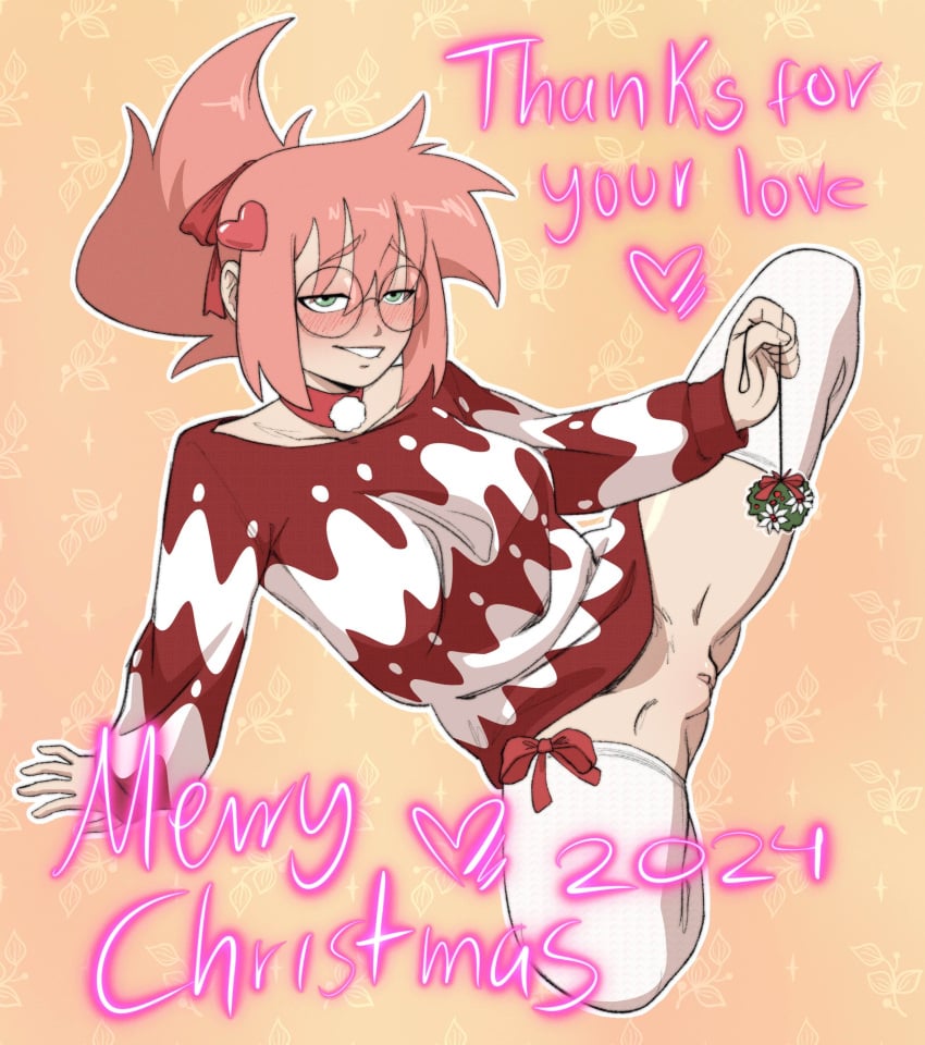 bottomless bottomless_female christmas christmas_clothing christmas_outfit glasses green_eyes legwear mistletoe mistletoe_above_vagina mostly_clothed open_legs pink_hair pinksaber provocative pussy shaved_crotch shaved_pussy spread_legs stockings suggestive suggestive_look thighhighs ugly_sweater vagina