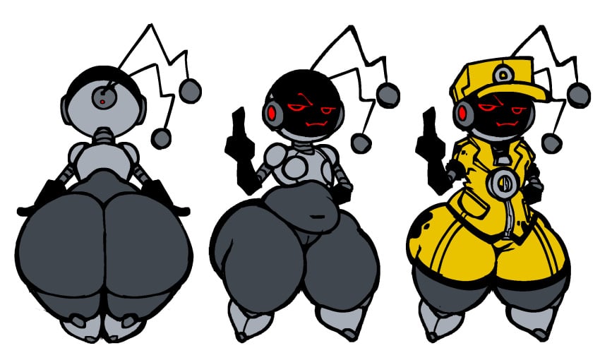 2024 2_antennae 5:3 ass big_butt black_clothing black_gloves black_handwear bottomwear breasts clothing digital_drawing_(artwork) digital_media_(artwork) female female_humanoid first_porn_of_character genitals gesture gloves grey_body grey_butt grey_pussy grey_skin hand_behind_back hand_gesture handwear hat headgear headwear hi_res huge_butt humanoid humanoid_genitalia humanoid_pussy innie_pussy looking_at_viewer machine medium_breasts nanodude78 narrowed_eyes navel not_furry pointing pointing_up pussy rear_view red_eyes red_mouth robot robot_humanoid screen screen_face short_stack simple_background smug smug_expression smug_eyes smug_face solo standing tecka_(nanodude78) thick_thighs topwear white_background wide_hipped_female wide_hipped_humanoid wide_hips yellow_bottomwear yellow_clothing yellow_hat yellow_headwear yellow_topwear