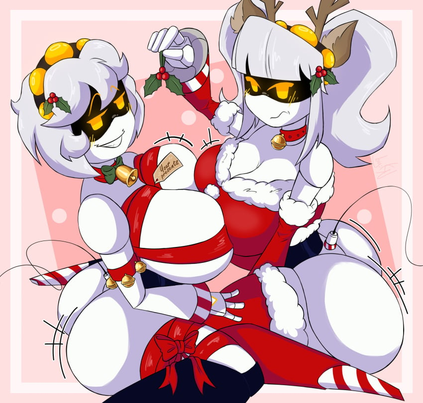 2girls ass big_ass big_breasts big_thighs blush breasts butt christmas christmas_clothing christmas_outfit drone female female_focus female_only gigantic_ass gigantic_thighs huge_ass huge_breasts huge_thighs j_(murder_drones) kayl looking_at_viewer murder_drones robot robot_girl short_hair tagme tail thick_hips thick_thighs twintails v_(murder_drones) white_hair yellow_eyes