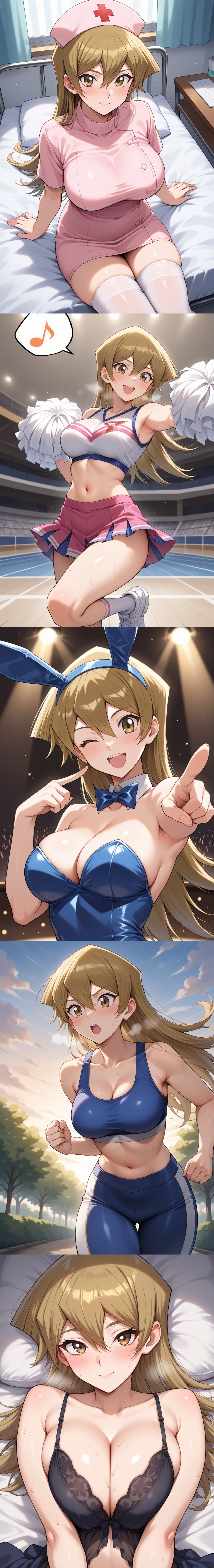 ai_generated alexis_rhodes asuka_tenjoin big_breasts female long_hair long_image looking_at_viewer multiple_images multiple_views nurse_uniform on_back tenjouin_asuka yu-gi-oh! yu-gi-oh!_arc-v yu-gi-oh!_gx