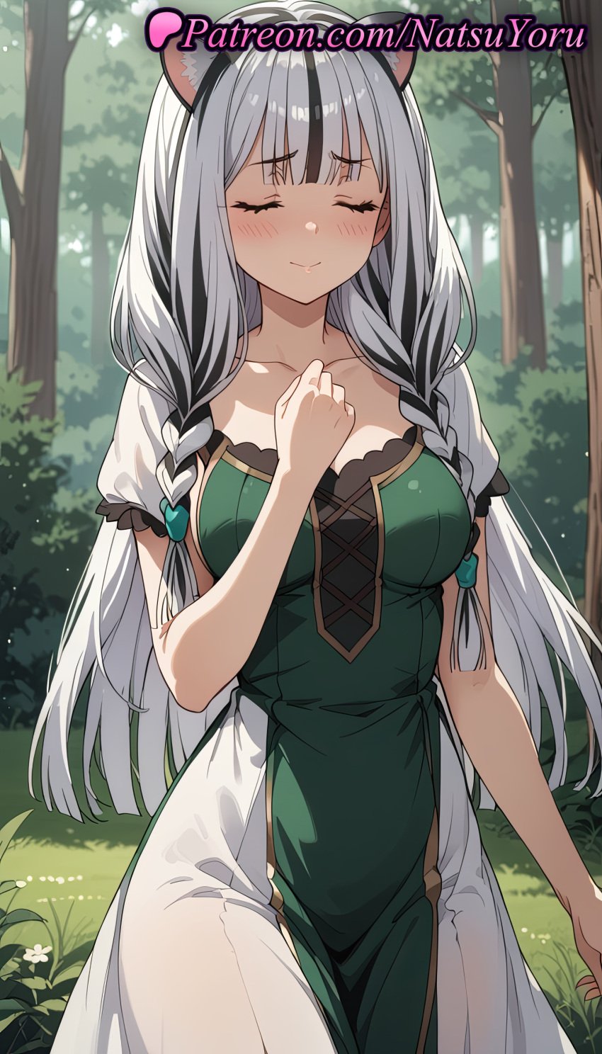 1girls ai_generated animal_ears anime anime_style asian atla_fayon bangs black_hair blunt_bangs blush braid breasts bust busty cat_ears cleavage closed_eyes closed_eyes closed_mouth collarbone cowboy_shot day dress female female_focus female_only forest grass green_dress grey_hair hand_on_own_chest hand_up hentai large_breasts long_hair medium_breasts multicolored_hair natsuyoru nature official_alternate_hairstyle outdoors puffy_short_sleeves puffy_sleeves short_sleeves silver_hair smile solo solo_female streaked_hair tate_no_yuusha_no_nariagari the_rising_of_the_shield_hero tiger_ears tree twin_braids two-tone_dress two-tone_hair voluptuous voluptuous_female white_dress white_hair