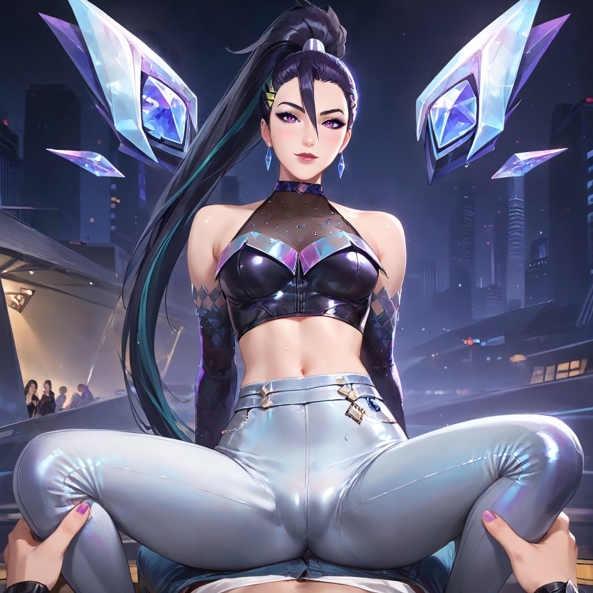 1boy 1girls ai_generated blue_hair female k/da_all_out_kai&#039;sa k/da_all_out_series kai&#039;sa league_of_legends purple_eyes riot_games sitting_on_person tagme