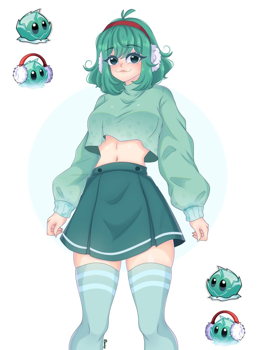 clothed coat earphones green_eyes green_hair honeybee_0u0 iceberg_lettuce_(pvz) long_socks short_hair skirt