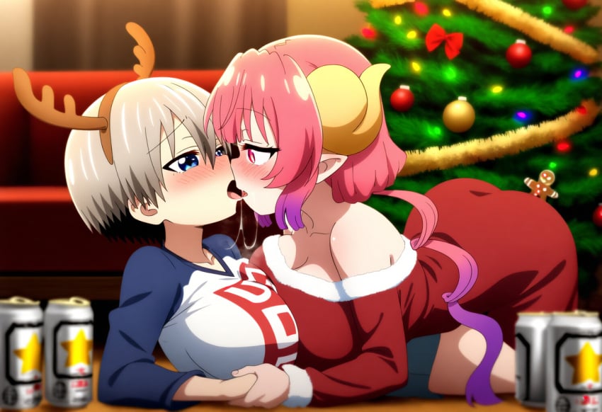 2girls ai_generated big_ass big_breasts big_butt blush blushing_female blushing_profusely breasts_to_breasts breasts_touching breath bubble_ass bubble_butt christmas christmas_clothing christmas_decorations christmas_headwear christmas_ornaments christmas_outfit christmas_present cleavage crossover deep_cleavage dripping drunk drunk_female drunk_sex drunk_yuri duo duo_female female female_only huge_ass huge_breasts ilulu_(dragon_maid) kissing kobayashi-san_chi_no_maidragon large_breasts massive_breasts miss_kobayashi's_dragon_maid narrow_waist open_mouth saliva saliva_drip saliva_trail self_upload sweatdrop sweating sweaty sweaty_body sweaty_breasts sweaty_butt thick_thighs tongue tongue_kiss uzaki-chan_wa_asobitai! uzaki_hana wide_hips yeetyboi5000 yuri yuri