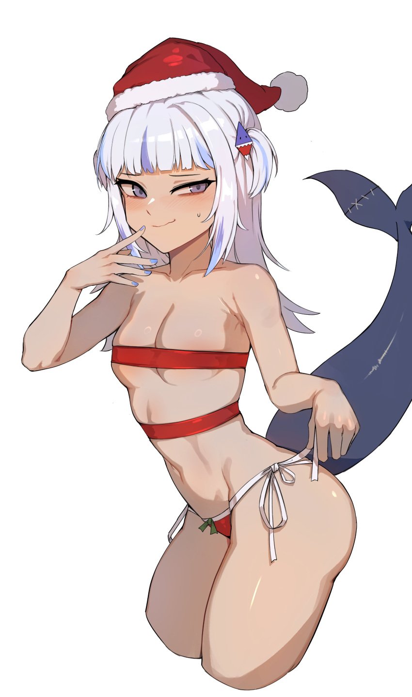 1girls blue_eyes blue_hair blue_nails blush christmas christmas_hat christmas_headwear christmas_outfit female gawr_gura hairclip hololive hololive_english hololive_myth iver_(reviolet) long_hair nail_polish red_underwear shark_girl shark_tail solo solo_female sweatdrop tail two_tone_hair underwear white_hair