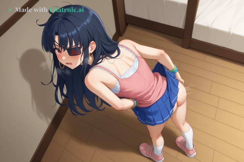 1girl ai_assisted ai_generated bare_legs bracelet depth_of_field dick_in_ass earrings eyepatch from_behind hair_ornament heavy_breathing jewelry long_black_hair long_hair messy_hair mirai_(senran_kagura) necklace pink_sneakers pink_tank_top red_eye senran_kagura shirt_pulled_down skirt skirt_lifted small source_anime sweaty warm_lighting white_top wristband