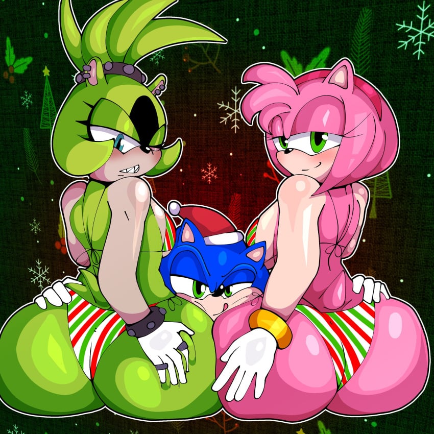 1boy 2girls amy_rose animal_ears anthro ass ass ass-to-ass ass_to_ass between_ass between_buttocks between_thighs big_ass big_breasts big_butt bikini black_nose blue_body blue_eyes blue_fur blue_hair blue_skin blush breasts christmas christmas_bikini christmas_clothing christmas_decorations christmas_hat curvy curvy_body curvy_female derocrossh earrings eyelashes facial_markings fur furry gloves green_body green_eyes green_fur green_hair green_skin hands_on_ass hands_on_butt headwear hedgehog idw_comics idw_publishing looking_at_viewer mammal narrowed_eyes one_eye_closed pink_body pink_fur pink_hair pink_skin ponytail santa_hat sega sharp_teeth short_hair sitting smile sonic_(series) sonic_the_hedgehog sonic_the_hedgehog_(comics) sonic_the_hedgehog_(idw) sonic_the_hedgehog_(series) surge_the_tenrec tail tenrec video_games