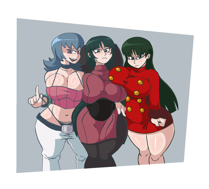 3girls arms_up big_breasts breast_squish clothed pale-skinned_female pokemon pokemon_hgss pokemon_rgby red_eyes sabrina_(pokemon) sabrina_(pokemon_hgss) suggestive tagme