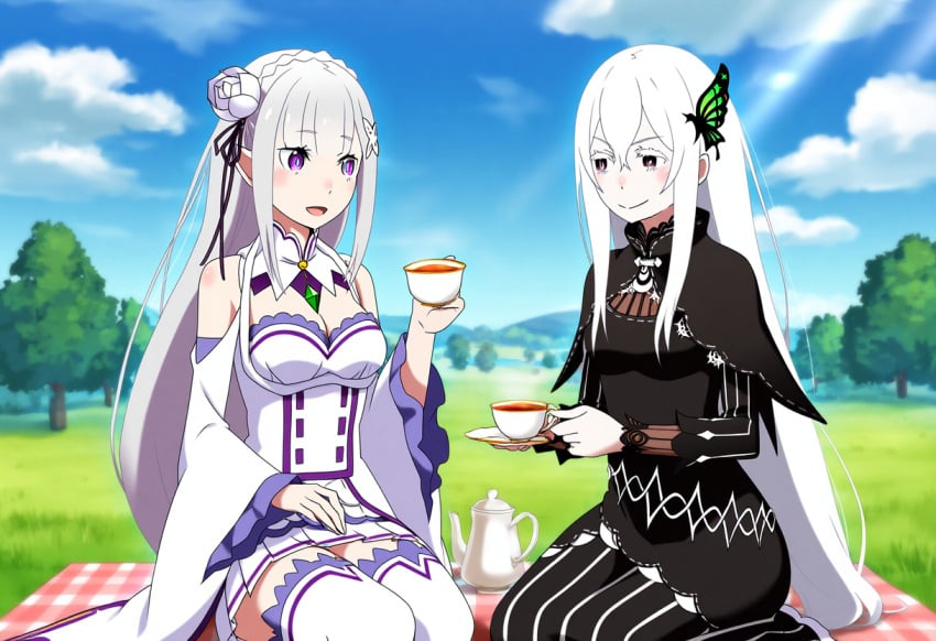 2girls ai_generated big_ass big_breasts big_butt blush blushing_female blushing_profusely breath bubble_ass bubble_butt cleavage deep_cleavage echidna_(re:zero) emilia_(re:zero) female female_only huge_ass huge_breasts image_set large_breasts massive_breasts narrow_waist picnic re:zero_kara_hajimeru_isekai_seikatsu self_upload tea tea_party teacup thick_thighs wide_hips yeetyboi5000 yuri yuri