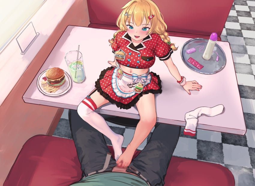 1boy akai_haato apron aqua_eyes barefoot blonde_hair braid burger censored condom condom_wrapper crop_top female food footjob highres hololive long_hair low_twin_braids lube midriff miniskirt mosaic_censoring navel no_shoes on_table penis polka_dot polka_dot_shirt polka_dot_skirt red_skirt restaurant roke_(taikodon) sex_toy shirt simple_background single_thighhigh skirt smile soda straight table thighhighs tray twin_braids two-footed_footjob vibrator virtual_youtuber waist_apron white_thighhighs