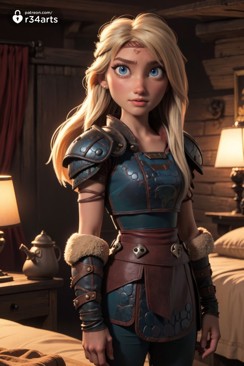 1girls ai_generated armor artist_name astrid_hofferson bed blonde_hair blue_eyes breastplate circlet cowboy_shot dreamworks earrings fur_trim hi_res how_to_train_your_dragon indoors jewelry lamp lips long_hair looking_at_viewer nose pants pauldrons r34arts shoulder_armor solo standing