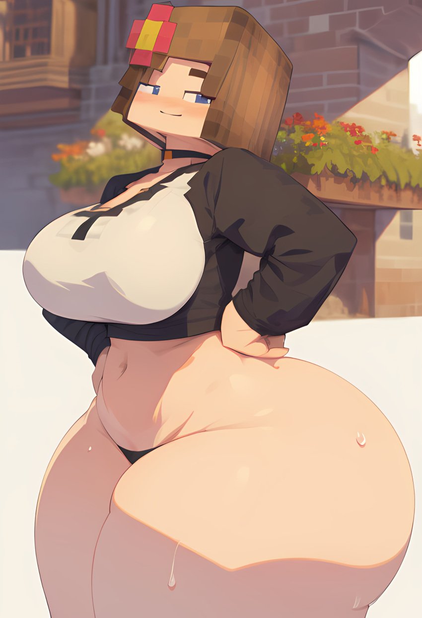 ai_generated ass big_ass big_breasts big_butt big_cheeks black_thong blue_eyes blush brown_hair cheeks dat_ass dat_butt fat_ass fat_butt fat_cheeks female female_only huge_ass huge_butt huge_cheeks jenny_belle_(slipperyt) lalass minecraft no_pants smile thick_ass thick_butt thick_thighs