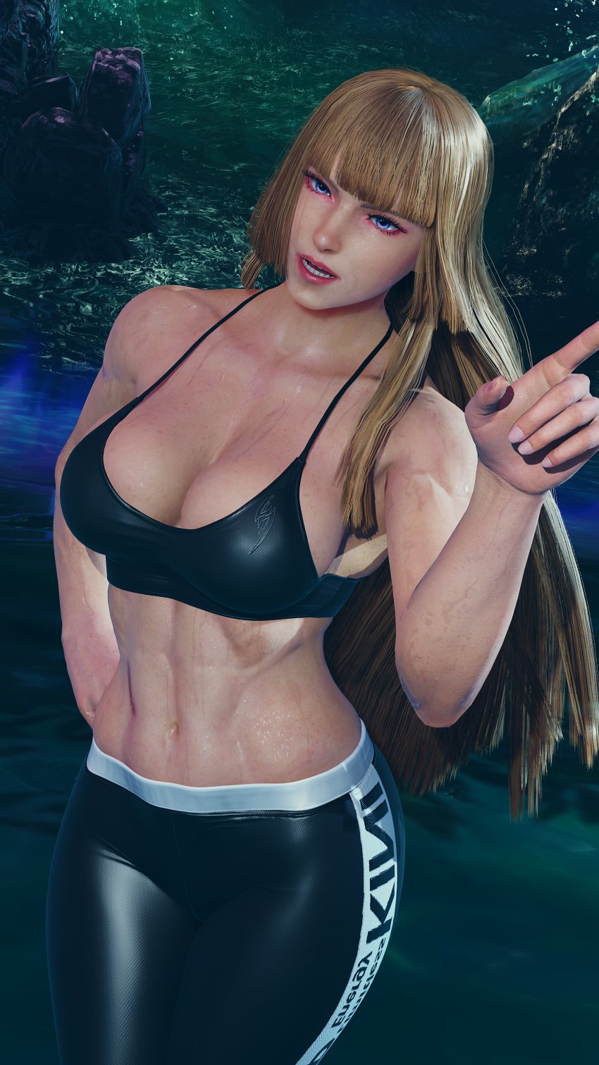 1girls alluring athletic_female big_breasts blonde_hair blue_eyes cleavage emilie_de_rochefort envy15re2lm female_abs fit_female gym_pants mod namco pin_up sports_bra tekken tekken_7 tekken_8 tekken_tag_tournament_2