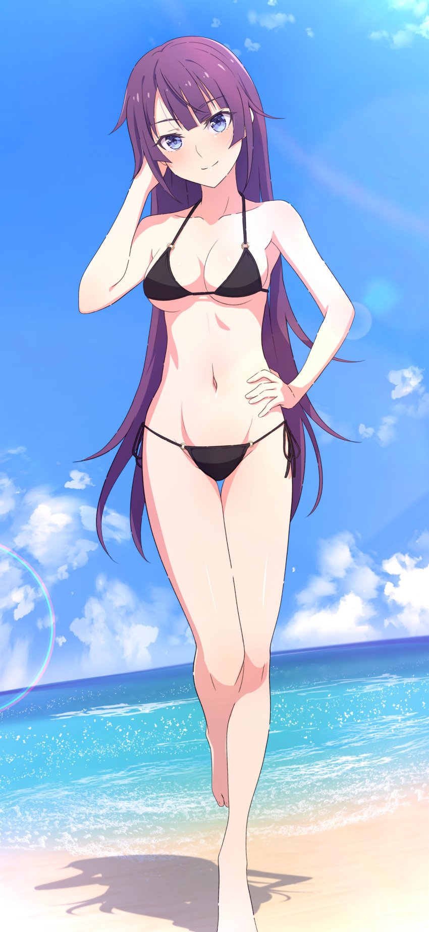 bare_arms bare_belly bare_legs bare_shoulders bare_thighs barefoot beach belly_button bikini black_bikini blue_eyes blush breasts camui1104 cleavage closed_mouth collarbone feet groin hand_on_own_hip long_hair medium_breasts monogatari_(series) ocean outdoors purple_hair senjougahara_hitagi shiny_skin side-tie_bikini_bottom smile standing thighs toes underboob