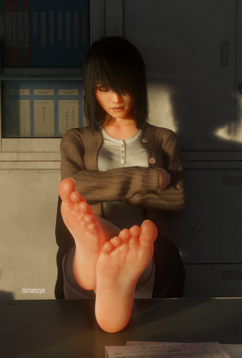 3d arms_crossed bangs bangs_between_eyes barefoot black_hair clothed clothing distracted feet feet_fetish feet_on_desk feet_on_table feet_together feet_up foot_fetish glasses japanese japanese_female judge_eyes judgment lost_judgment messy_hair middle_aged milf nerd nerdy nerdy_female no_shoes office_lady office_sex quiet ryuu_ga_gotoku saori_shirosaki sfw sleeping sunrise toe toes yakuza_(series)