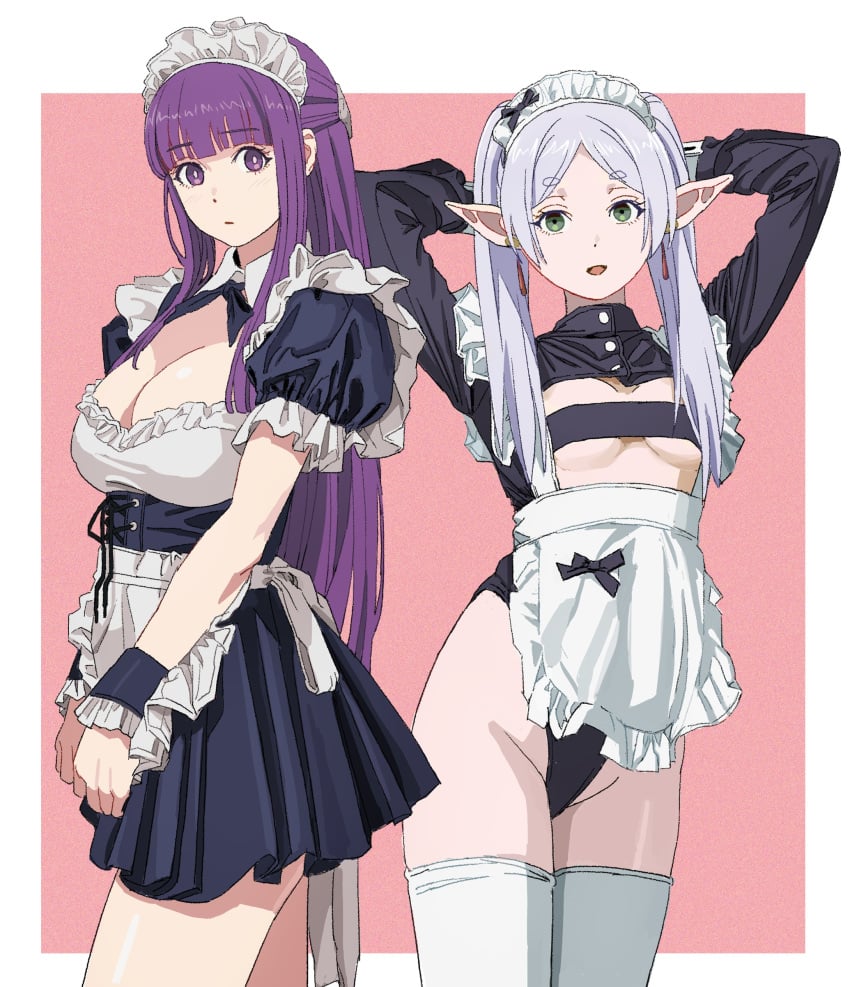 2girls absurdres alternate_costume apron arms_behind_head black_ribbon blunt_bangs blush border breasts cleavage clenched_hands cowboy_shot earrings elf enmaided eyebrows eyebrows_hidden_by_hair fern_(sousou_no_frieren) floating_earring frieren green_eyes grey_hair groin hair_over_shoulder highres jewelry large_breasts light_blush long_hair long_sleeves looking_at_viewer maid maid_apron maid_headdress medium_breasts multiple_girls open_mouth outside_border parted_bangs pointy_ears purple_hair ribbon shiren_(ourboy83) sidelocks simple_background sousou_no_frieren standing strapless thick_eyebrows thighhighs tube_top twintails underboob white_border white_thighhighs wrist_cuffs