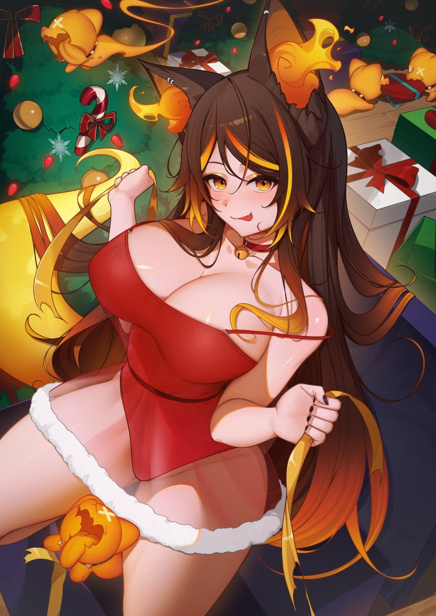 :p bell_collar big_breasts breasts christmas christmas_dress christmas_outfit christmas_tree collarbone dress greatodoggo hellhound indie_virtual_youtuber light_blush looking_at_viewer orange_eyes see_through_skirt sinder_(vtuber) skirt sticking_out_tongue thick_thighs thighs tongue tongue_out virtual_youtuber wide_hips wolf wolf_ears wolf_girl wolf_tail