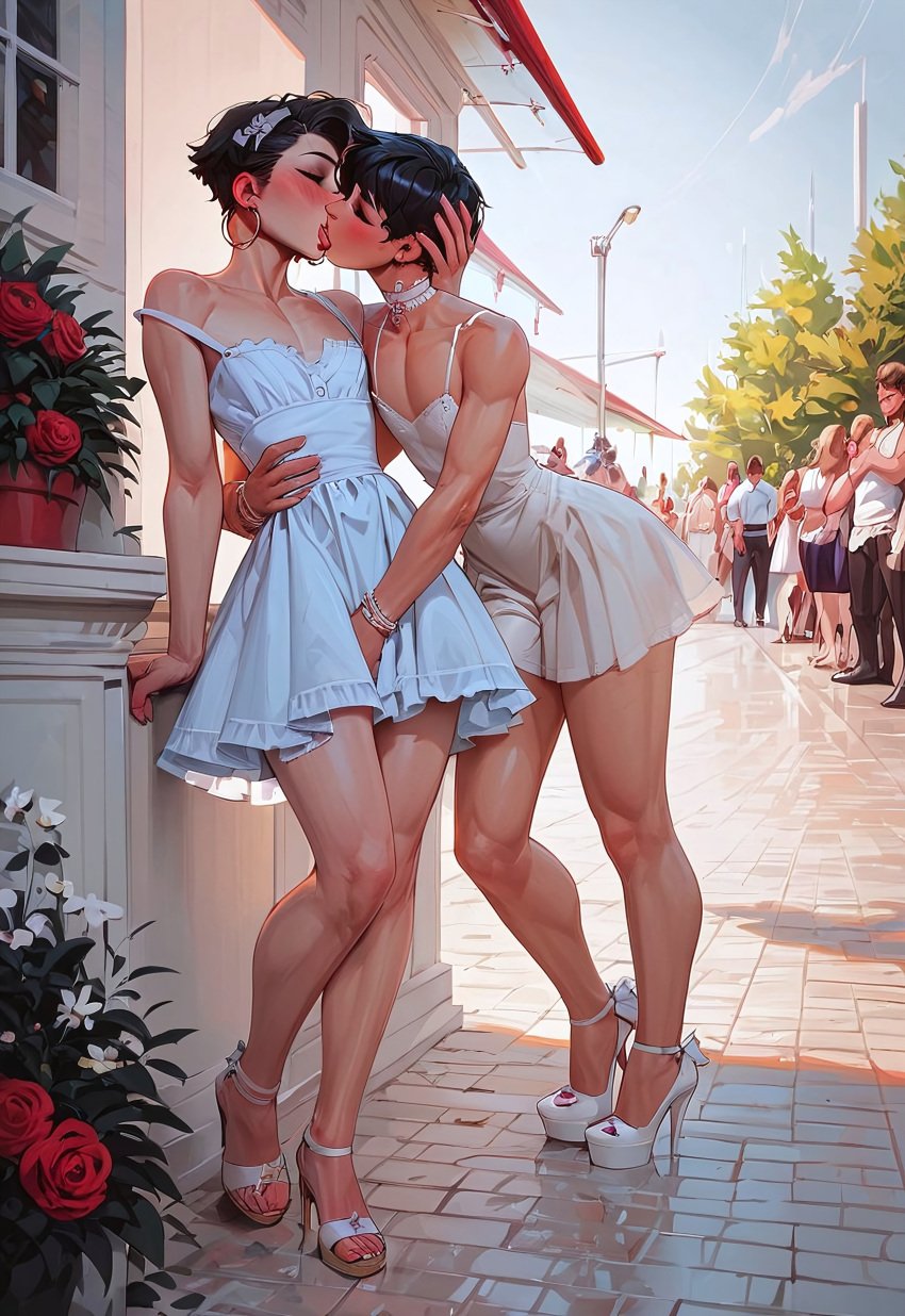 2boys absurd_res ai_assisted ai_generated aroused dress femboy feminine_body feminine_male fondling high_heels highres imminent_sex kissing making_out male/male public_indecency short_hair sissy