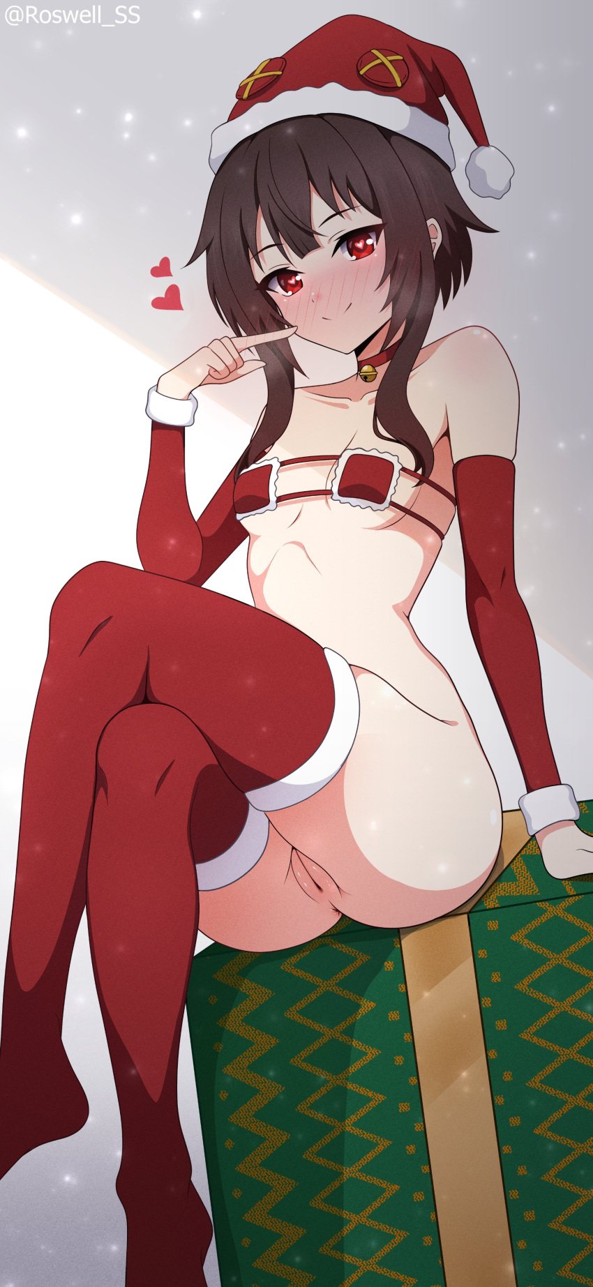 absurdres bell bikini bikini_top_only blush brown_hair choker cleft_of_venus crossed_legs detached_sleeves dot_nose female fur-trimmed_headwear fur-trimmed_sleeves fur-trimmed_thighhighs fur_trim hand_up hat heart highres jingle_bell kono_subarashii_sekai_ni_shukufuku_wo! megumin micro_bikini neck_bell nose_blush pointing pointing_at_self pom_pom_(clothes) pussy red_bikini red_choker red_eyes red_hat red_sleeves red_thighhighs roswell_ss santa_hat short_hair_with_long_locks sitting smile solo swimsuit thighhighs twitter_username