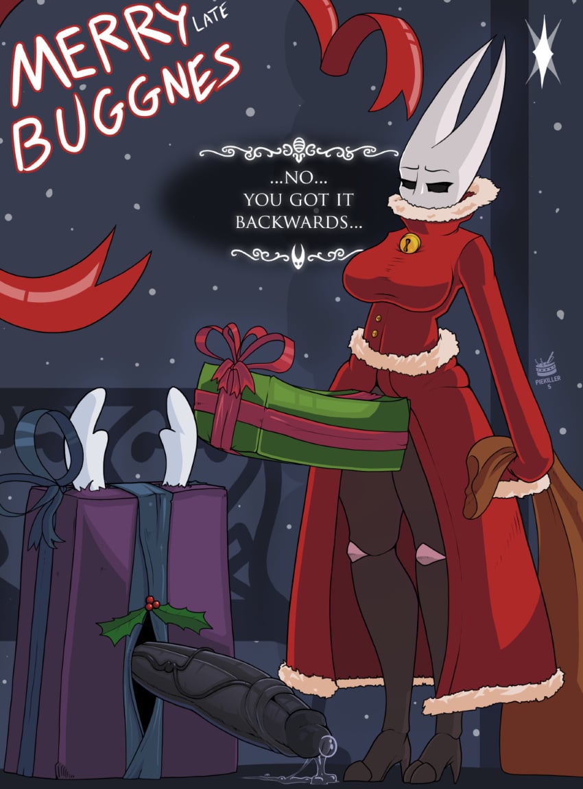 anthro arthropod big_penis black_body black_eyes bodily_fluids christmas christmas_present clothed clothing container dick_in_a_box duo erection exoskeleton genital_fluids genitals gift gynomorph hi_res holidays hollow_knight horn hornet_(hollow_knight) huge_cock humanoid insects intersex male mistletoe penis piekiller plant size_difference standing team_cherry text the_knight_(hollow_knight) vessel_(species)