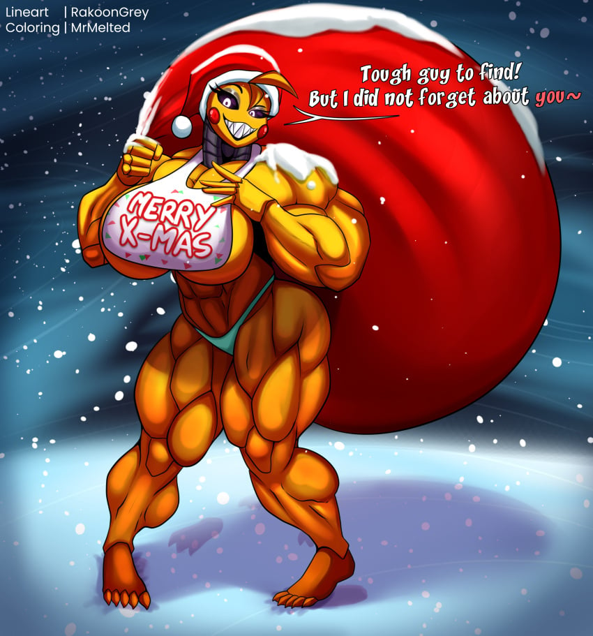 1girls abs animatronic anthro bib biceps big_breasts black_sclera breasts colored_line_art dialogue female female_only five_nights_at_freddy's gift_art looking_at_viewer mrmelted muscular muscular_female panties png rakoongrey robot sack sharp_teeth smile solo talking_to_viewer text text_on_clothing thick_thighs thunder_thighs toy_chica_(fnaf) wide_hips