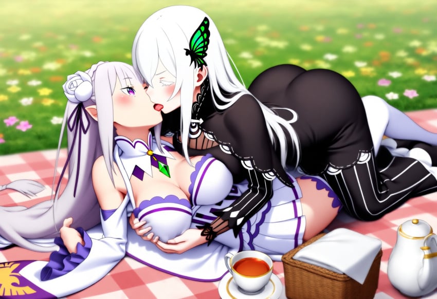 2girls ai_generated big_ass big_breasts big_butt blush blushing_female blushing_profusely breast_grab breast_squeeze breath bubble_ass bubble_butt cleavage deep_cleavage echidna_(re:zero) emilia_(re:zero) female female_only groping groping_breasts huge_ass huge_breasts image_set kissing large_breasts licking massive_breasts narrow_waist picnic re:zero_kara_hajimeru_isekai_seikatsu self_upload tea tea_party teacup thick_thighs tongue wide_hips yeetyboi5000 yuri yuri