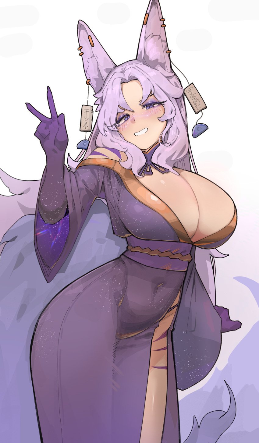 azz0422 belly_button_visible_through_clothing big_breasts blush breasts character_request cleavage copyright_request dress fox_ears high_slit_dress hips looking_at_viewer panties peace_sign side_slit single_slit_dress slit_dress smile thick_thighs thighs thin_waist wide_hips