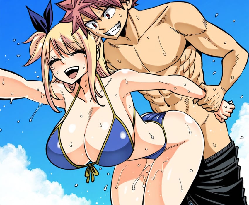 1boy ai_generated blonde_hair fairy_tail female large_breasts lucy_heartfilia mullon muscular_male natsu_dragneel novelai pink_hair sex sweat vaginal_penetration waist_grab