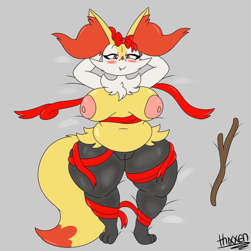 big_breasts braixen breasts cleavage female furry huge_breasts nipples pokemon pokemon_(species) pussy slightly_chubby thick_thighs thixxen wide_hips