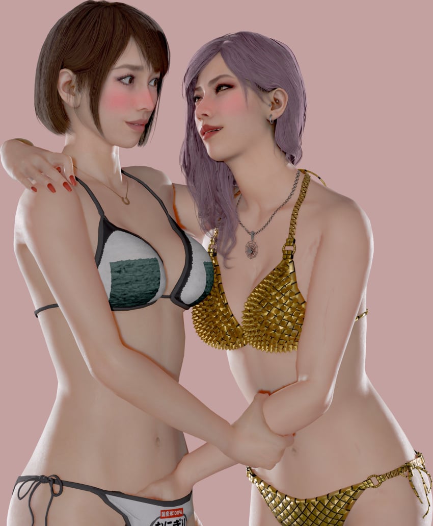 2girls 3d arm_around_shoulders bikini biting_lip blank_background blush brown_hair dyed_hair ear_piercing eye_contact femdom fingers fingers_in_ass freakpossum fuckgirl gold_bikini grabbing_arms hand_in_panties holding_ass leaning leaning_forward lesbian_couple lesbian_sex lewd looking_at_partner looking_up makeup necklace nervous nervous_smile pierced_ears piercing pink_hair romantic rubbing_pussy skinny_waist white_bikini yuri