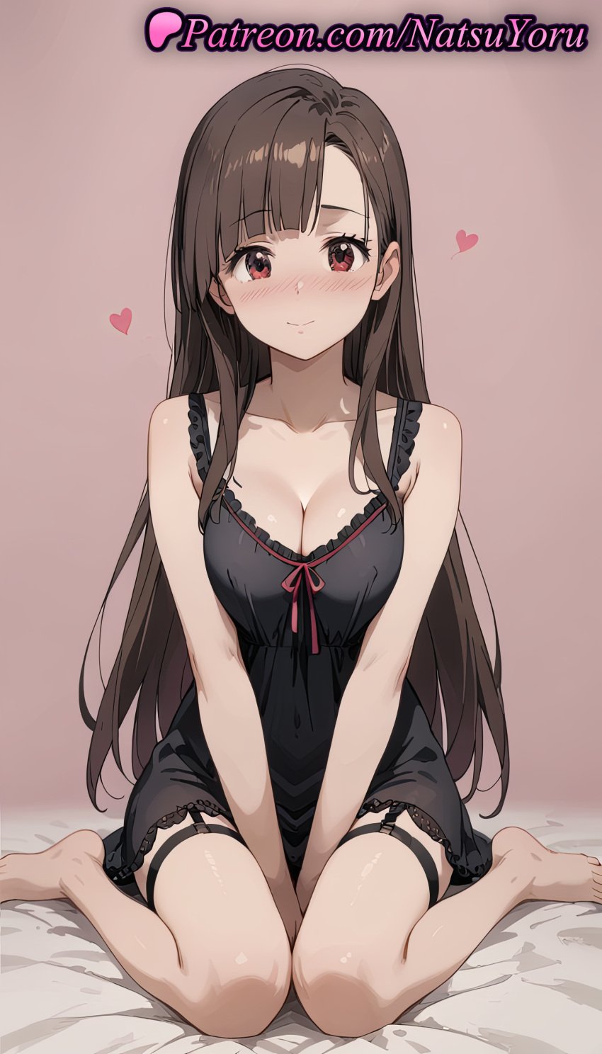 1girls ai_generated anime anime_style asian asymmetrical_bangs bangs bare_arms bare_legs bare_shoulders barefoot bed_sheet between_legs black_hair blunt_bangs blush breasts brown_hair bust busty chemise cleavage closed_mouth collarbone dress feet female female_focus female_only foot_fetish full_body garter_straps hand_between_legs heart hentai kono_subarashii_sekai_ni_shukufuku_wo! large_breasts legs lingerie long_hair looking_at_viewer medium_breasts natsuyoru nightgown on_bed pink_background red_eyes red_ribbon ribbon simple_background sitting sleepwear smile solo solo_female straight_hair thigh_strap thighs toes v_arms very_long_hair voluptuous voluptuous_female wariza yuiyui_(konosuba)