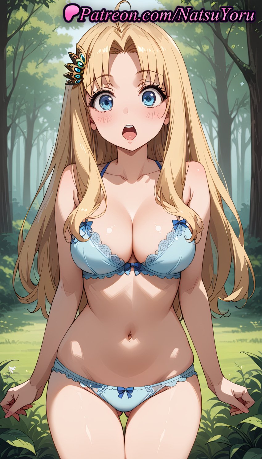 1girls :o ahoge ai_generated anime anime_style ass_visible_through_thighs bangs bare_arms bare_shoulders bikini blonde_hair blue_bra blue_eyes blue_panties blush bow bow_bra bow_panties bra breasts bush bust busty butterfly_hair_ornament cleavage collarbone cowboy_shot day female female_focus female_only filo forehead forest grass hair_intakes hair_ornament hentai lace-trimmed_bra lace_trim large_breasts long_hair looking_at_viewer natsuyoru nature navel open_mouth outdoors panties pantsu parted_bangs plant solo solo_female standing stomach tate_no_yuusha_no_nariagari teeth the_rising_of_the_shield_hero thigh_gap thighs tree underwear underwear_only upper_teeth_only voluptuous voluptuous_female