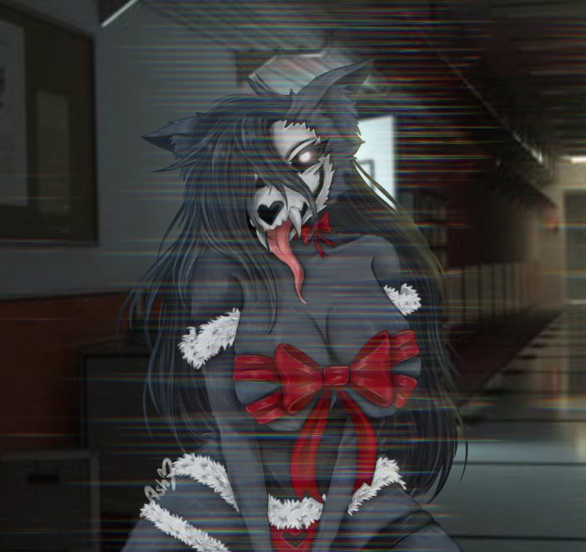 background big_breasts black_hair choker christmas christmas_outfit fangs fluffy fur furry furry_ears hallway huge_breasts long_hair looking_at_viewer mal0 naked naked_female panties red_ribbon ribbon ribbon_choker saliva saliva_on_tongue scp-1471 scp_foundation skull_head solo thick_thighs thigh_strap thighs tongue tongue_out white_eyes