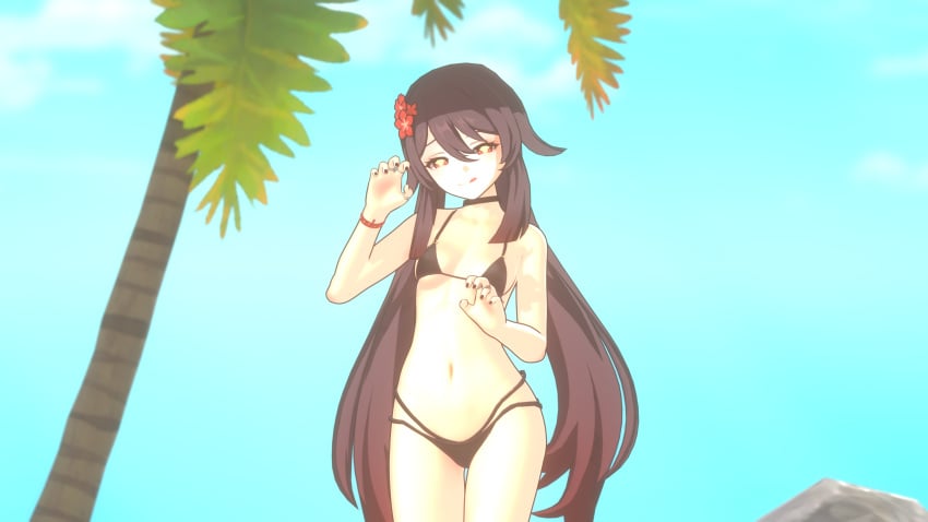 1girls 3d beach bikini black_nails brown_hair choker genshin_impact happy highres hu_tao_(genshin_impact) long_hair looking_at_viewer palm_tree partially_nude petite posing red_eyes rings sansonnsfw sky small_breasts smiling solo standing star_shaped_pupils thighs tongue_out twintails