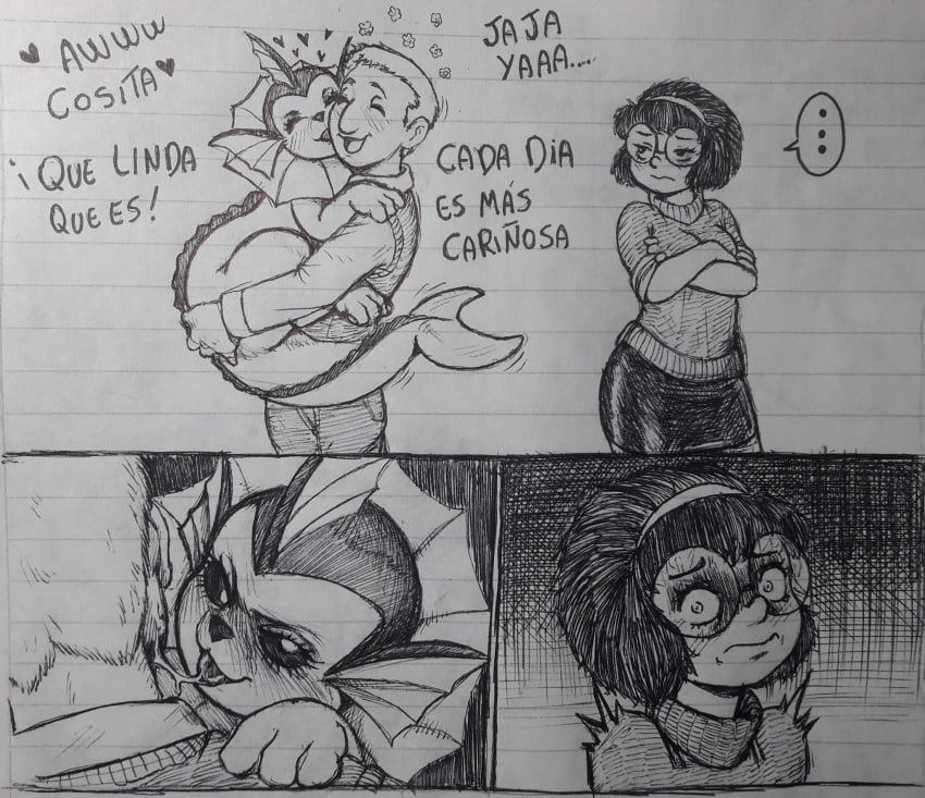 abraham_romano alberto_(mafalda) black_and_white bodily_fluids comic dialogue eeveelution female feral generation_1_pokemon heart_symbol hi_res human humor licking mafalda_(quino) male mammal meme monochrome nintendo parody pokemon pokemon_(species) raquel_(mafalda) saliva saliva_string scared spanish spanish_dialogue spanish_text text threatening tongue tongue_out traditional_media_(artwork) vaporeon