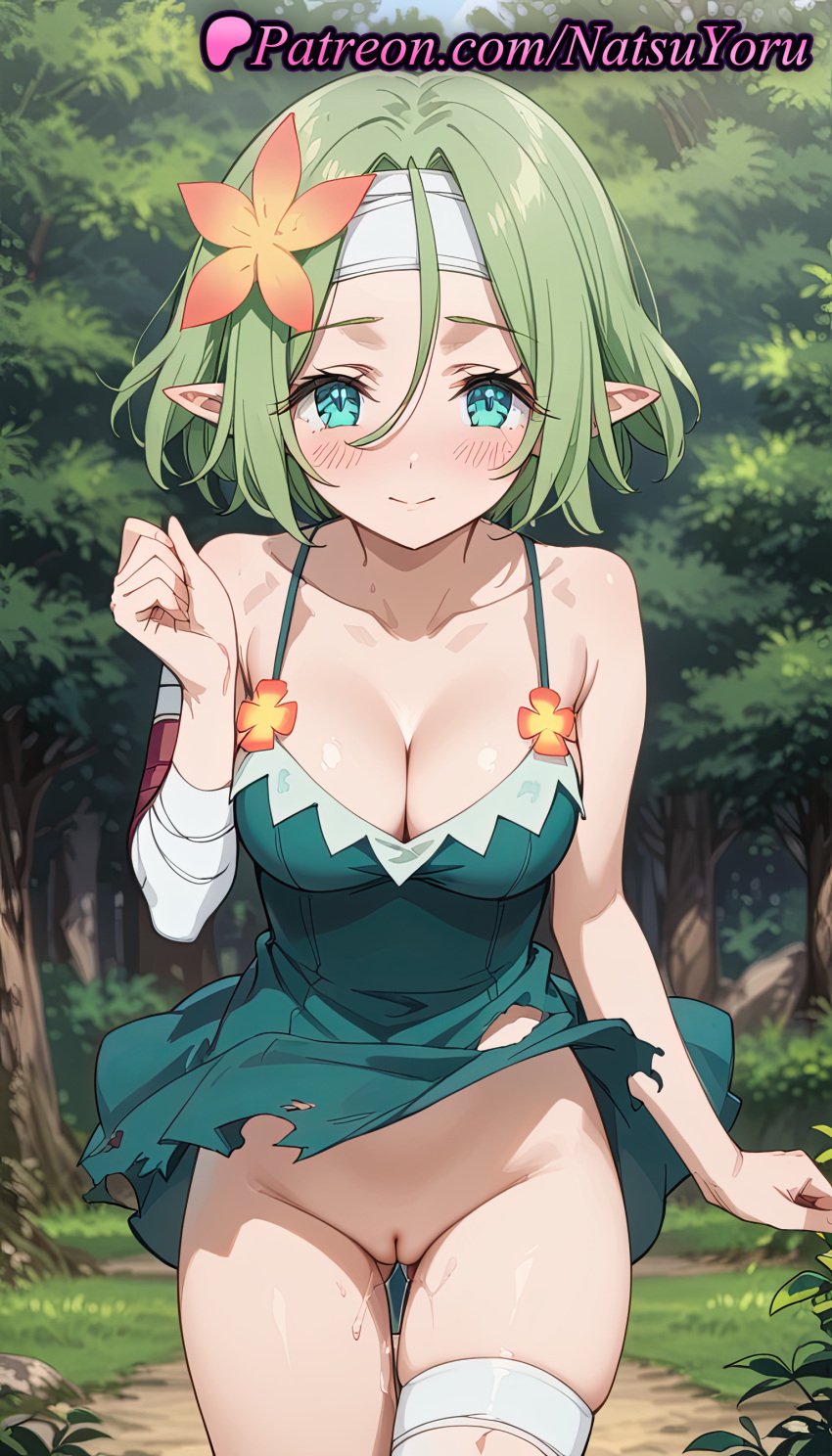 1girls ai_generated anime anime_style aqua_eyes ass_visible_through_thighs bandaged_arm bandaged_leg bandages bangs bare_shoulders blue_eyes blush breasts bust busty cleavage cleft_of_venus closed_mouth clothes_lift collarbone cowboy_shot day dress dress_lift elf elf_ears female female_focus female_only flower forest grass green_dress green_eyes green_hair hair_between_eyes hair_flower hair_ornament hand_up headband hentai kono_subarashii_sekai_ni_shukufuku_wo! labia large_breasts looking_at_viewer medium_breasts natsuyoru nature no_panties non-asian nopan outdoors paipan pointed_ears pointy_ears pussy pussy_juice shaved_vagina short_dress short_hair skindentation sleeveless sleeveless_dress smile solo solo_female standing thigh_gap thigh_strap thighs torn_clothes torn_dress tranquility_girl tree uncensored vagina voluptuous voluptuous_female white_headband wind wind_lift