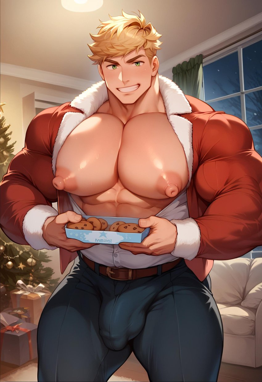 1boy 1male 1man abs ai_art ai_generated balls ballsack bara bara_tits big_cock big_dick big_nipples big_pecs big_pectorals big_penis blonde_hair blonde_hair_male bulge bulge_through_clothing chest_out christmas_clothing christmas_outfit christmas_tree cock cookies cwhk dick flaccid flaccid_penis granblue_fantasy holding_box holding_object large_pecs large_pectorals light-skinned_male light_skin light_skinned_male male male_only man_boobs man_tits muscular muscular_male nipples nuts nutsack open_shirt pecs pecs_out pectorals penis scrotum solo solo_male sweat sweaty sweaty_body testicles thick_thighs tight_clothes tight_clothing tight_pants vane_(granblue_fantasy)