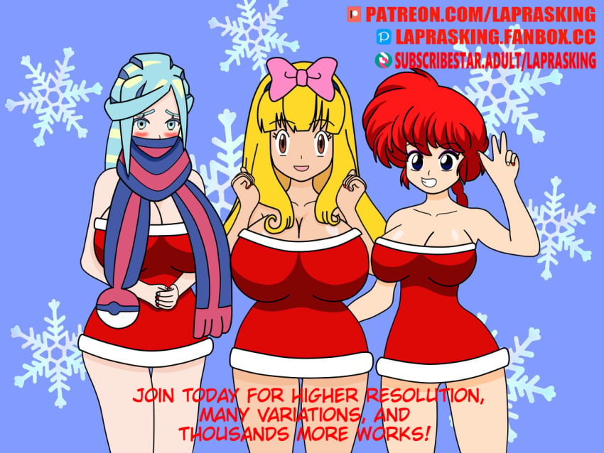 3girls ashley_(pokemon) ashley_ketchum blonde_hair blue_hair bow brown_eyes christmas christmas_outfit clothing crossover dress english_text female female_only game_freak gender_transformation genderswap_(mtf) grusha_(pokemon) huge_breasts laprasking large_breasts multiple_girls pokemon pokemon_(anime) ranma-chan ranma_1/2 ranma_saotome red_hair rule_63 satoshi_(pokemon) scarf shy snowing text