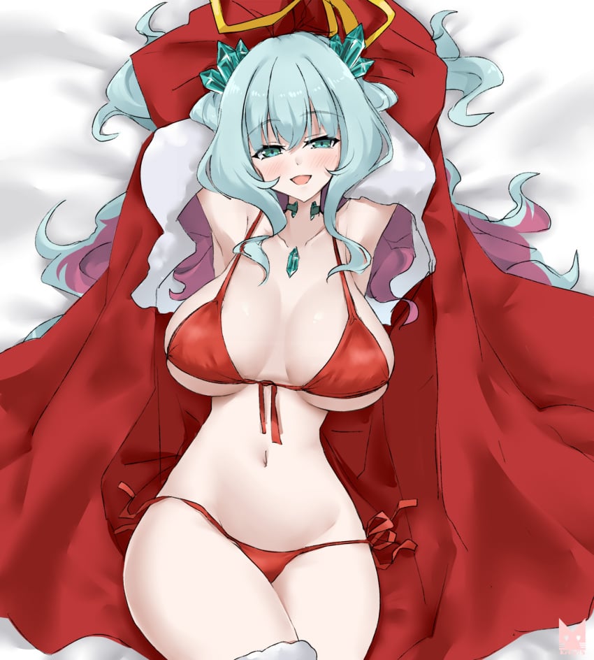 blush christmas crysta_(duel_masters) duel_masters fur_trim half-closed_eyes jacket large_breasts lying_on_bed naughty_smile open_jacket red_jacket seductive_smile slender_waist small_waist thick_thighs thighhighs wide_hips