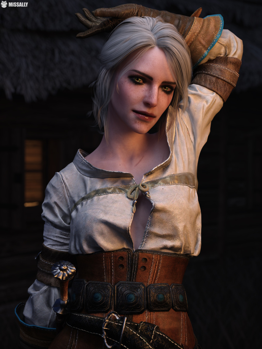 1girls 3d bedroom cd_projekt_red cgi_girl chalice ciri cirilla_fiona_elen_riannon female freckles green_eyes half-dressed half_naked interior interior_background interior_scene missally solo the_witcher_(series) the_witcher_3:_wild_hunt