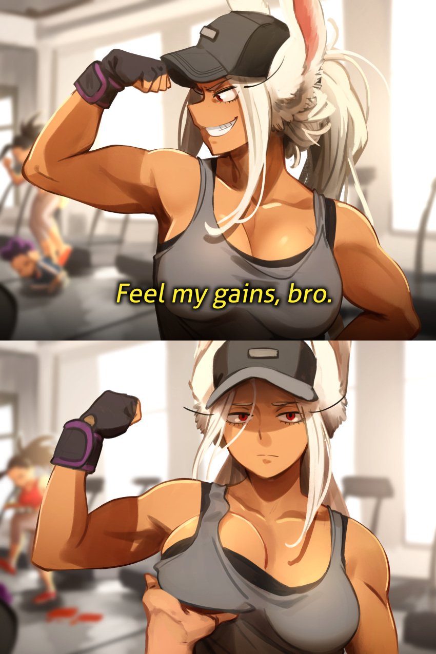 2koma armpits baseball_cap boku_no_hero_academia breast_grab breasts bunny_ears characterful death_stare dialogue disappointed feeling_up female female_focus flexing flexing_arms flexing_bicep flexing_muscles funny go_on_feel_it_(meme) grabbing_breasts gym gym_clothes high_resolution khyleri meme minoru_mineta miruko momo_yaoyorozu muscular_female my_hero_academia pov_eye_contact rumi_usagiyama tagme text tomboy touching_breast trucker_hat usagiyama_rumi white_hair