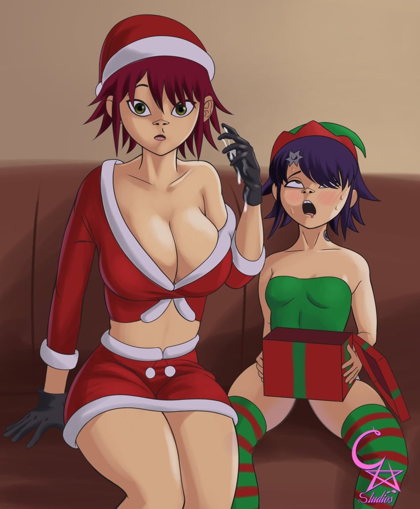 2d 2d_(artwork) 2girls assisted_masturbation big_breasts bigger_female breasts caught caught_in_the_act christmas_clothing christmas_outfit clothed clothed_female cockstar_studios cum cyborg_noodle femcum gorillaz hukan human_female larger_female light-skinned_female light_skin noodle_(gorillaz) shorter_female smaller_female yuri