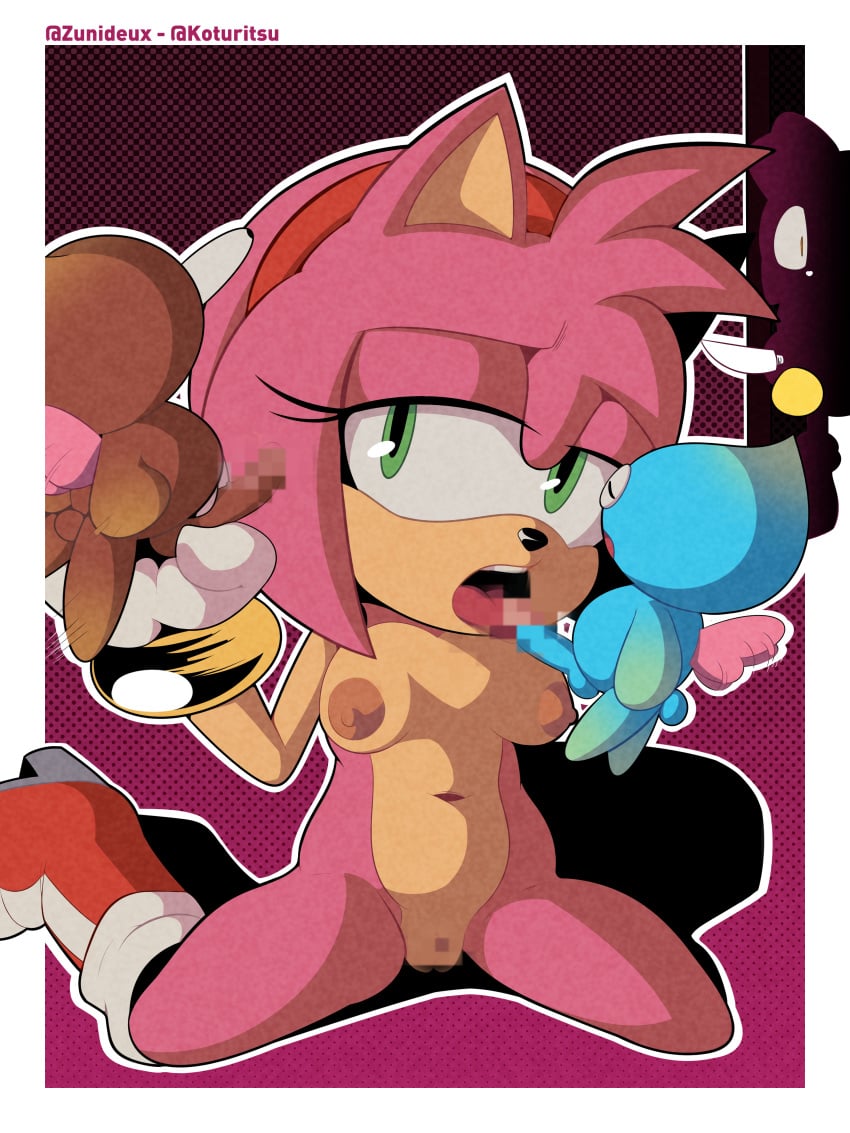 1girl2boys 2boys1girl amy_rose breasts censored chao_(sonic) completely_naked_female completely_nude_female fellatio female_pervert furry green_eyes handjob hedgehog hedgehog_girl knife koturitsu licking licking_cock licking_penis mobian mobian_(species) naked_female nipples nude nude_male oral oral_sex penis pixiv pussy sega size_difference sonic_(series) sonic_the_hedgehog_(series) trio vagina zunidont