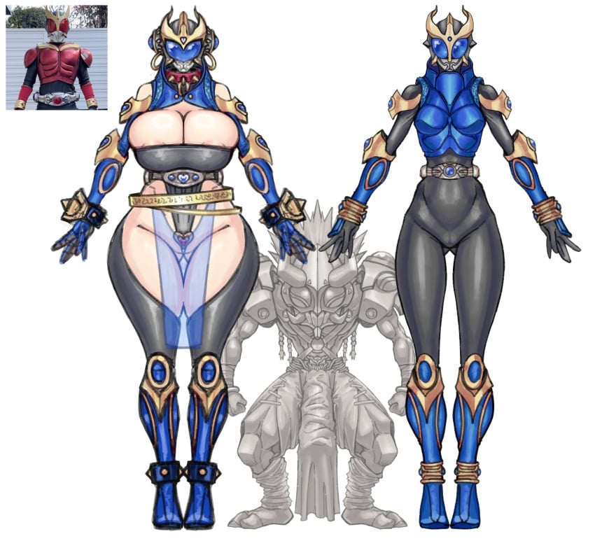 2d big_breasts big_penis collar digital_media_(artwork) ear ear_ring earrings galactic_art genderswap_(ftm) kamen_rider kamen_rider_kuuga kamen_rider_kuuga_(series) masked masked_female monster monster_cock ring_(jewelry) rule_63 spiked_bracelet spikes veil wide_hips