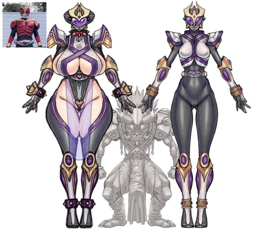 2d armour belt big_breasts big_penis collar digital_media_(artwork) galactic_art heart kamen_rider kamen_rider_kuuga_(series) masked masked_female monster monster_cock short_male shoulder_pads spikes standing taller_female taller_girl transparent_clothing veil wide_hips