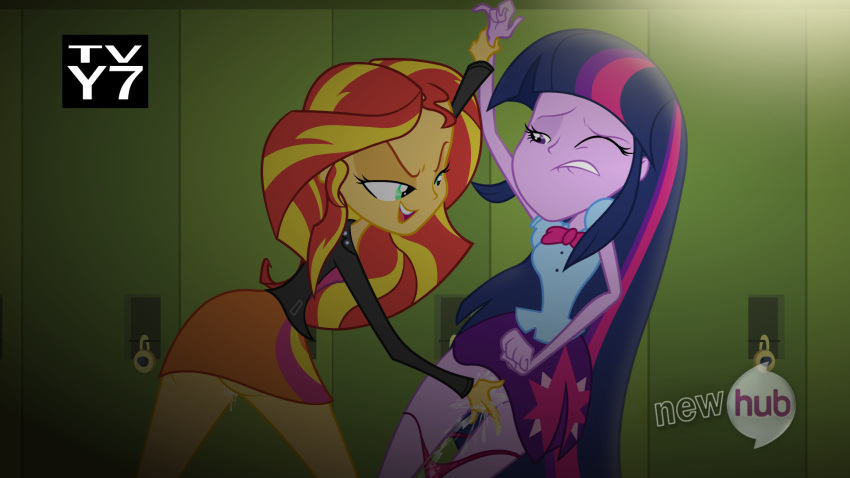 2girls accurate_art_style biting_lip bowtie equestria_girls fake_screenshot female female_only fingering friendship_is_magic green_eyes hallway highres hub_logo human jacket leather_jacket lockers long_hair molestation molesting multicolored_hair multiple_girls my_little_pony panties panties_down parody parody_porn purple_eyes purple_skin pussy_juice skirt smile sunset_shimmer supersouthmoor twilight_sparkle wrist_grab yellow_skin yuri