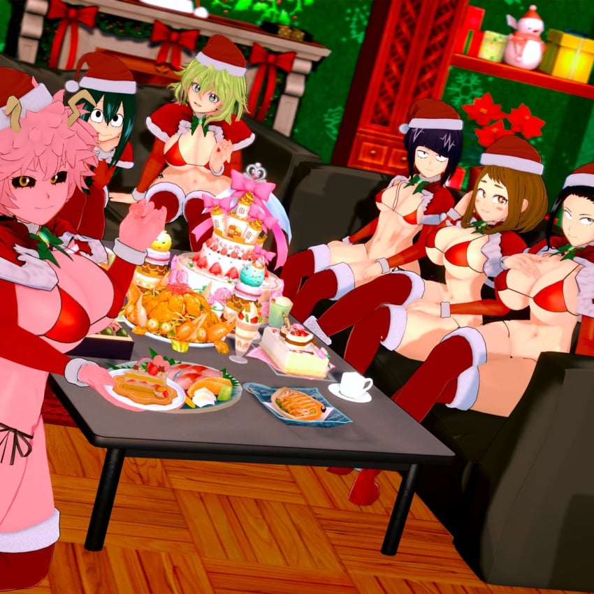 artist_name artist_request christmas christmas_outfit harem_outfit kyoka_jiro mina_ashido momo_yaoyorozu my_hero_academia ochako_uraraka tooru_hagakure tooru_hagakure_(visible) tsuyu_asui